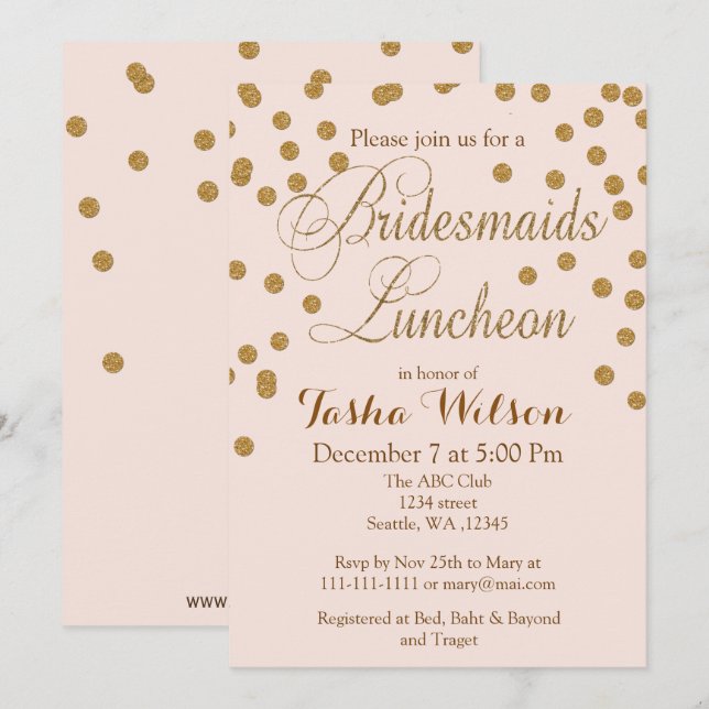 Invitation Blush Gold Parties scintillant Bridesmaids Luncheo (Devant / Derrière)