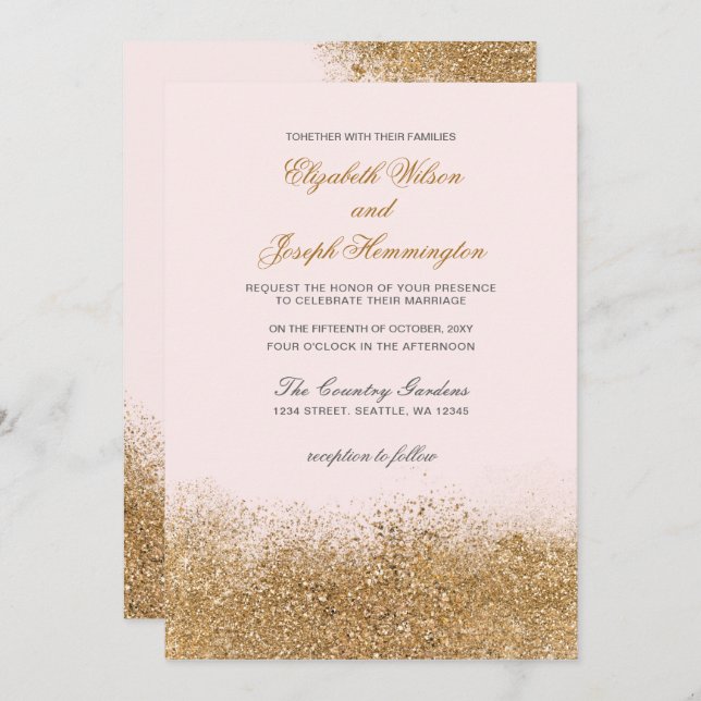 Invitation Blush Gold Parties scintillant Sparkle Mariage élé (Devant / Derrière)