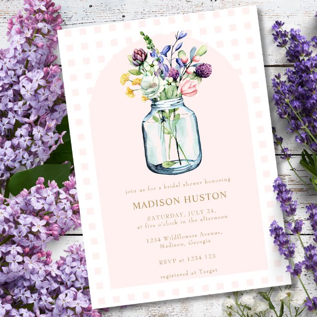 Invitation Blush & Gold Pot de Fleurs Sauvages Mariage Bocal  (Créateur téléchargé)