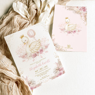 Invitation Blush Gold Swan Princess Balloon Girl Baby shower