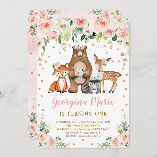 Invitation Blush Gold Woodland Animaux Fille Floral Anniversa (Devant / Derrière)