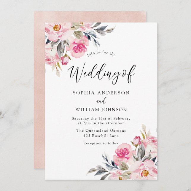 Invitation Blush & Greenery : Mariage floral aquarelle (Devant / Derrière)
