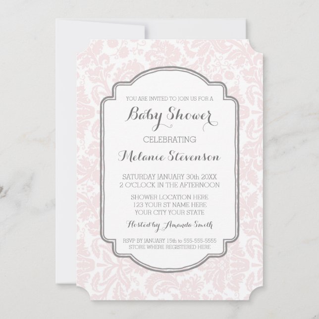 Invitation Blush Grey Damask Personnalisé Baby Shower Invitat (Dos)