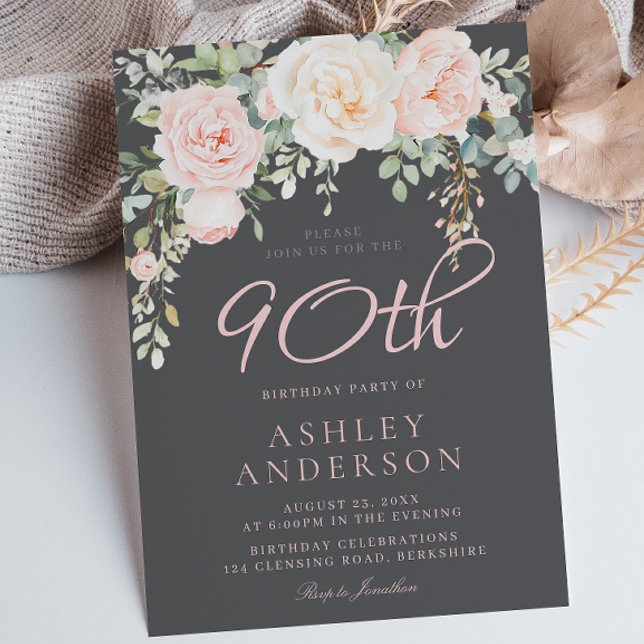 Invitation Blush & Grey Elegant Floral 90e fête d'anniversair (Créateur téléchargé)