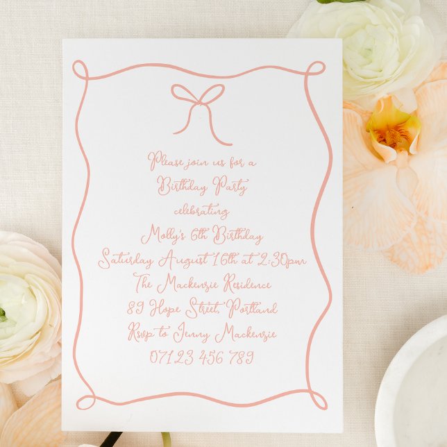 Invitation Blush Hand Drawn Bow Girl'Anniversaire Party (Créateur téléchargé)