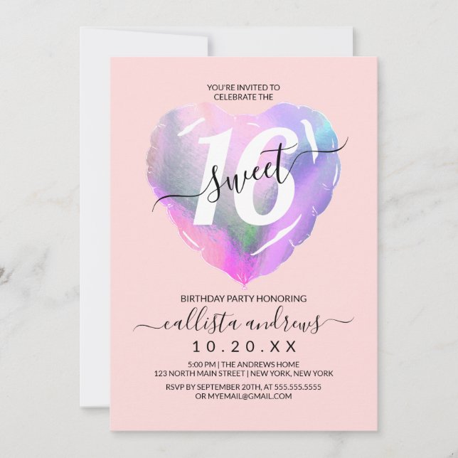 Invitation Blush Holographic Foil Coeur Balloon Sweet 16 (Devant)