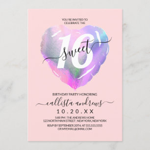 Invitation Blush Holographic Foil Coeur Balloon Sweet 16