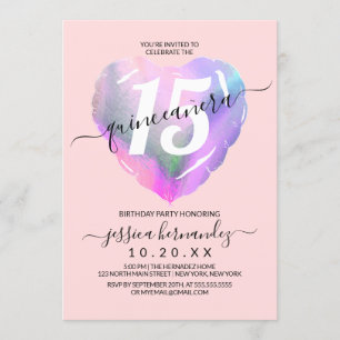Invitation Blush Holographique Foil Coeur Balloon Quinceañera