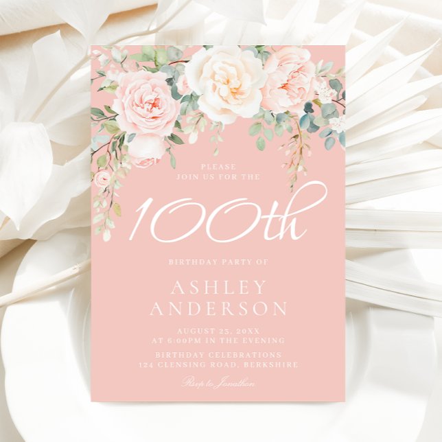Invitation Blush & Ivory Flowers 100e fête d'anniversaire (Créateur téléchargé)