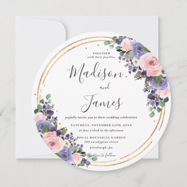 Invitation Blush Lavender Floral Mariage Gold Parties scintil (Devant)