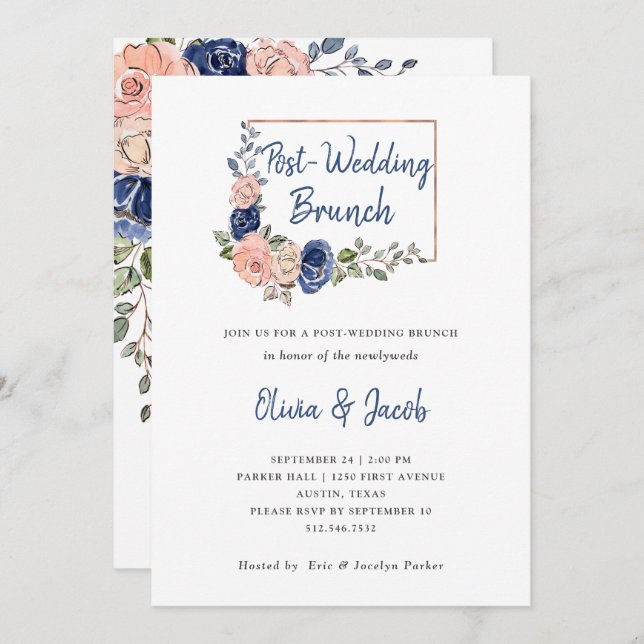 Invitation Blush Marine Floral Géométrique | Post Mariage Bru (Devant / Derrière)