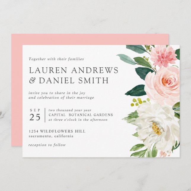 Invitation Blush moderne | Chic Botanique rose mariage floral (Devant / Derrière)