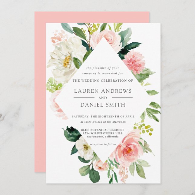 Invitation Blush moderne | Chic Mariage rose diamant (Devant / Derrière)