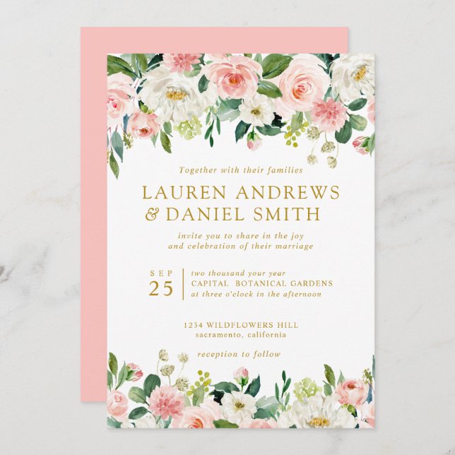 Invitation Blush moderne | Gold Chic Botanical Garland mariag (Devant / Derrière)