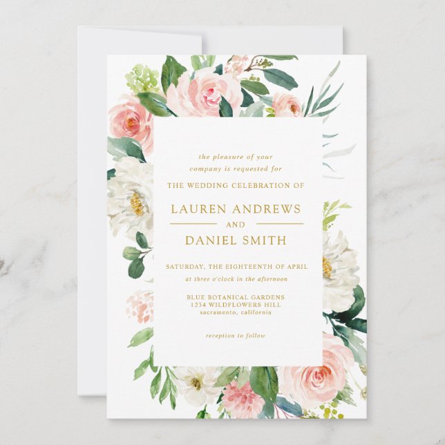 Invitation Blush moderne | Tout en un Mariage Floral Or (Devant)