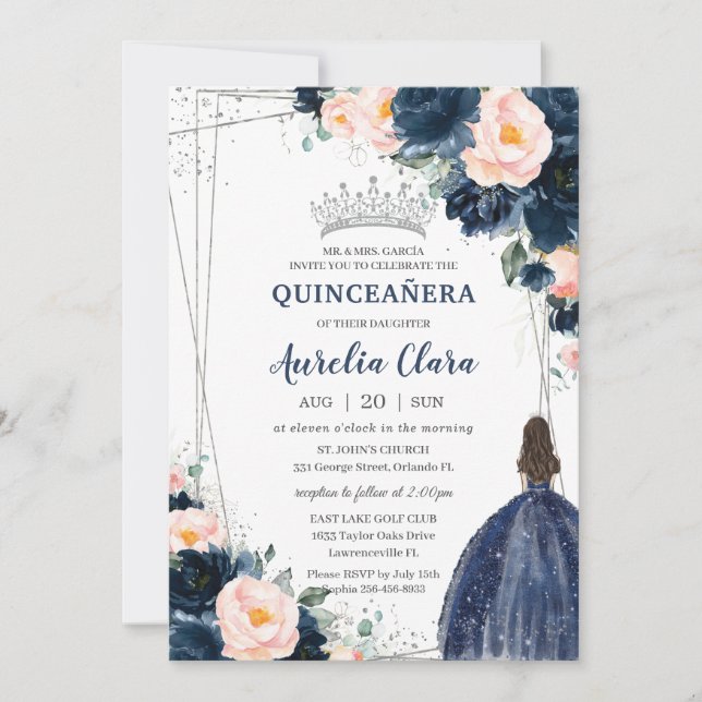 Invitation Blush Navy Blue Floral Princess Silver Quinceañera (Devant)