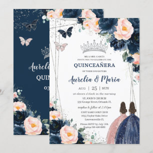 Invitation Blush Navy Blue Floral Silver Twins Quinceañera