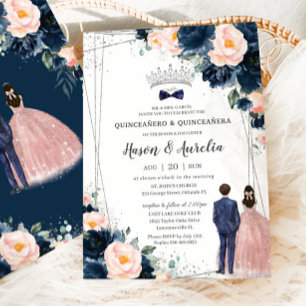 Invitation Blush Navy Blue Floral Twins Garçon fille Quinceañ