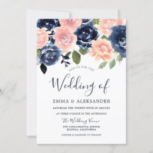 Invitation Blush & Navy Elegant Flowers Mariage