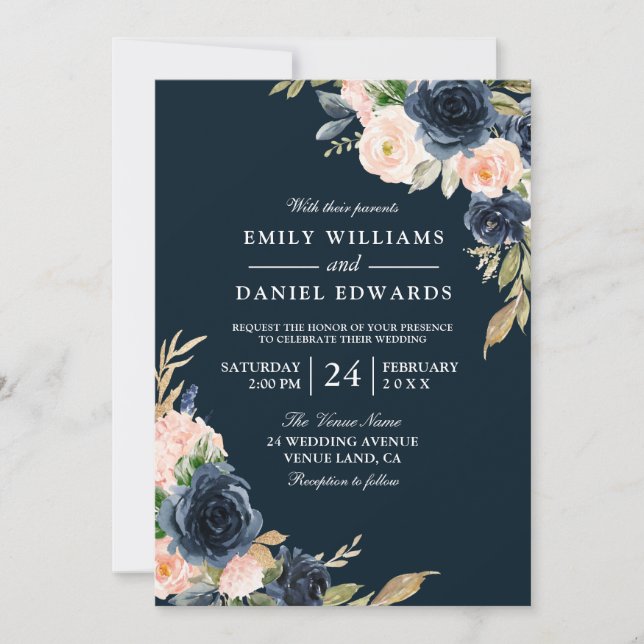 Invitation Blush & Navy Elegant Mariage moderne (Devant)