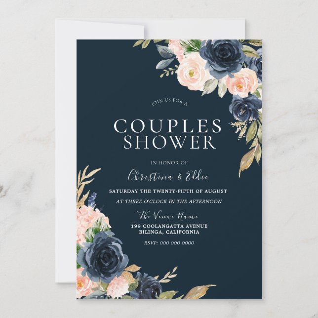 Invitation Blush & Navy Élégant Mariage Moderne Couple (Devant)