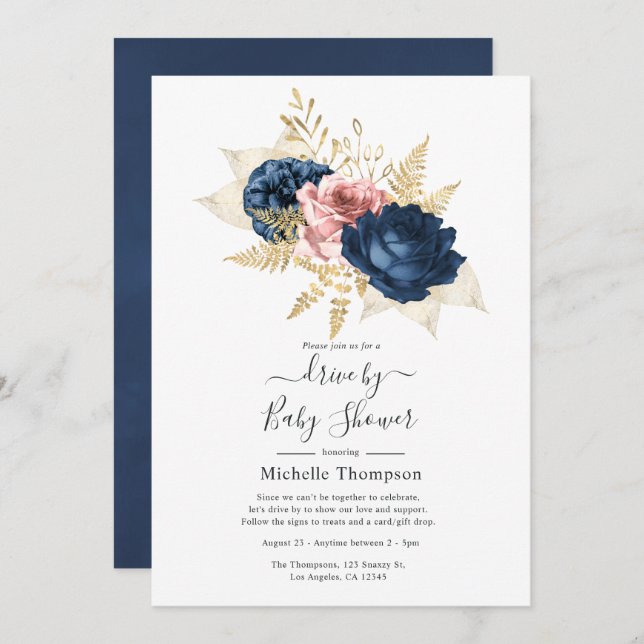 Invitation Blush, Navy et Gold Floral Drive par douche (Devant / Derrière)