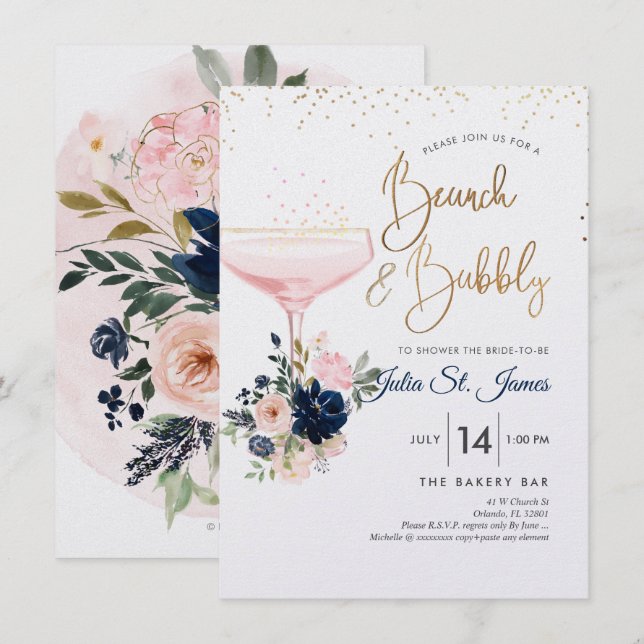 Invitation Blush+Navy Fleurs Brunch Bubbly Champagne rose (Devant / Derrière)