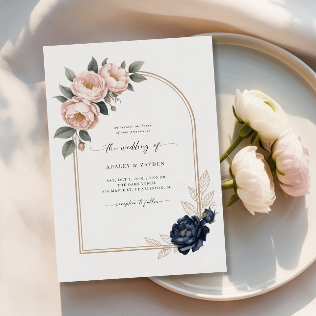 Invitation Blush Navy Floral Arch Mariage numérique abordable (Créateur téléchargé)