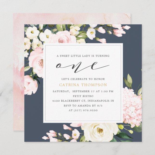 Invitation Blush Navy Floral Greenery Girl 1er anniversaire f (Devant / Derrière)