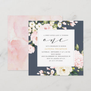 Invitation Blush Navy Floral Greenery Girl 1er anniversaire f