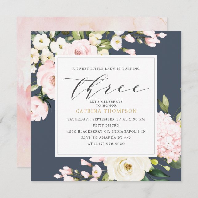 Invitation Blush Navy Floral Greenery Girl 3e fête d'annivers (Devant / Derrière)