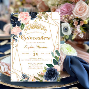 Invitation Blush Navy Floral Papillon Géométrique Quinceanera