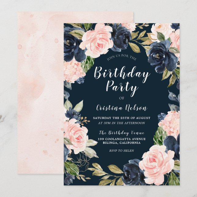 Invitation Blush Navy Floral Wreath Toute l'année Anniversair (Devant / Derrière)