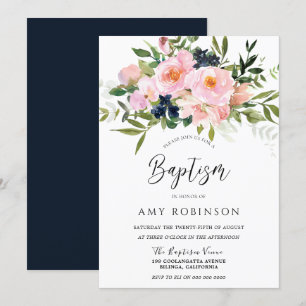 Invitation Blush & Navy Flowers Baby Girl or Boy Baptism