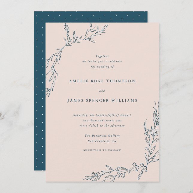 Invitation Blush & Navy Foliage dessiné à la main Mariage bot (Devant / Derrière)