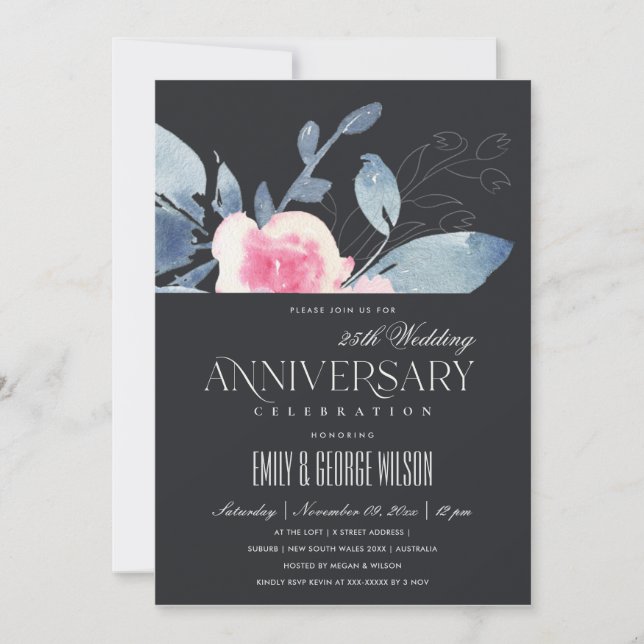 Invitation BLUSH NOIR FLEURS BLEUES 25e ANNIVERSAIRE TOUTE AN (Devant)