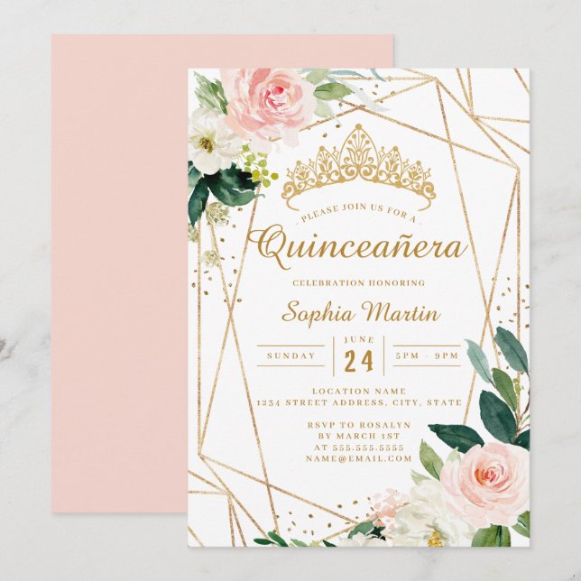 Invitation Blush Or Floral Géométrique Quinceanera  (Devant / Derrière)