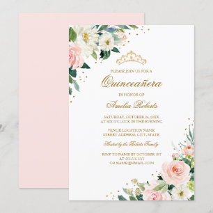 Invitation Blush Pailleté Élégant Fleurs Dorées Quinceanera