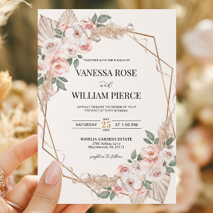 Invitation Blush Pampas Grass Boho Mariage Or Géométrique