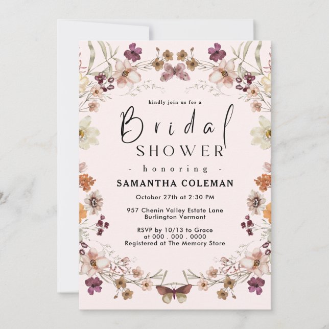 Invitation Blush Pastel Fleur sauvage Fête des mariées Boho m (Devant)