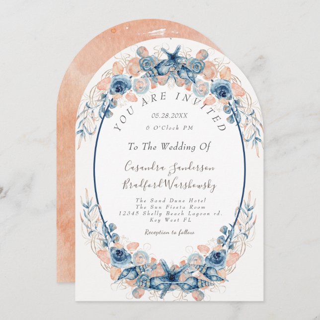 Invitation Blush Peach Beach Watercolor Shell Flower Mariage (Devant / Derrière)
