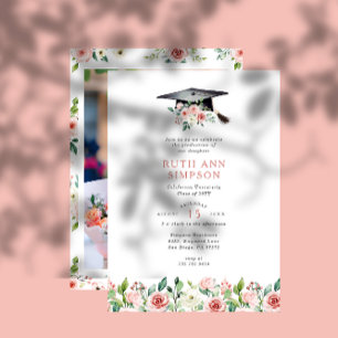 Invitation Blush & Peach Floral Casquette Photo Graduation Pa