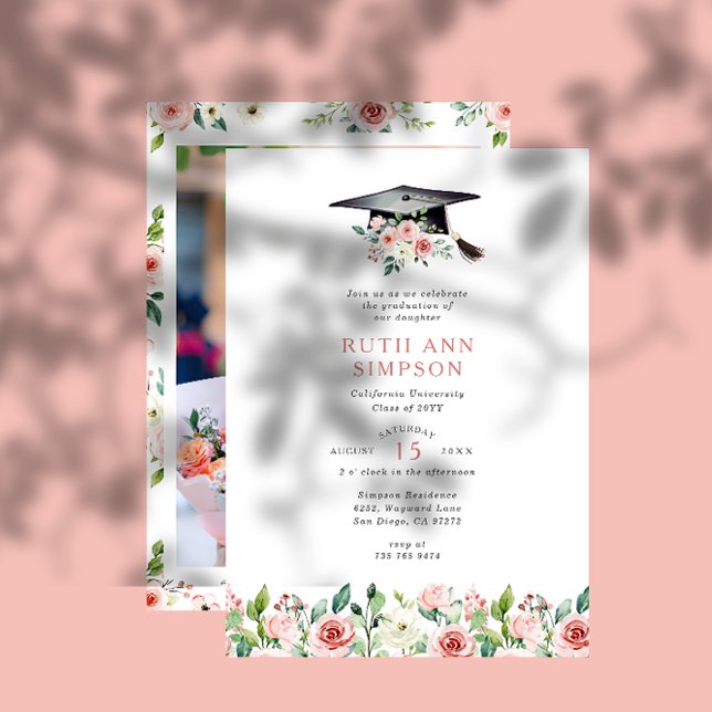 Invitation Blush & Peach Floral Casquette Photo Graduation Pa (Créateur téléchargé)