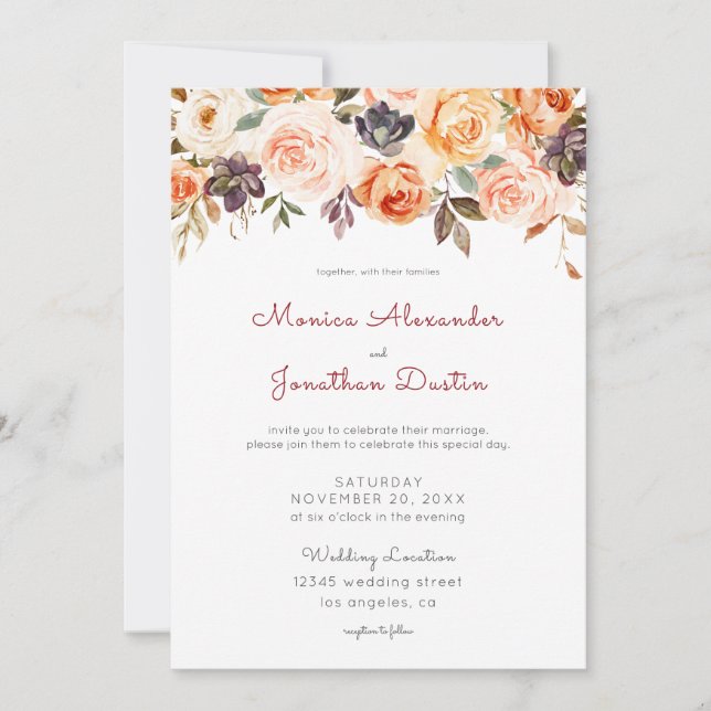 Invitation Blush & Peach Floral Rustique Mariage (Devant)
