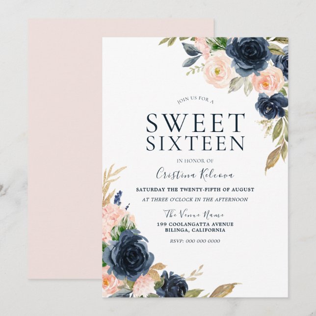 Invitation Blush Peach & Navy Sweet 16 Anniversaire (Devant / Derrière)