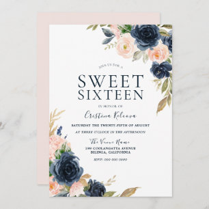 Invitation Blush Peach & Navy Sweet 16 Anniversaire