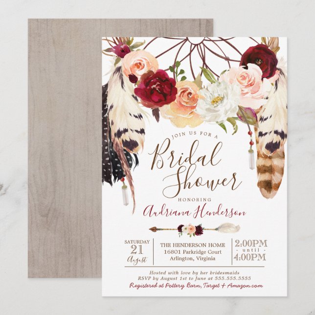 Invitation Blush & Peach Rose Dreamcatcher Boho Bridal Shower (Devant / Derrière)