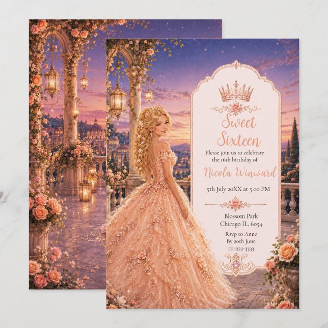 Invitation Blush Peach Sweet 16 Princesse Jardin (Devant / Derrière)