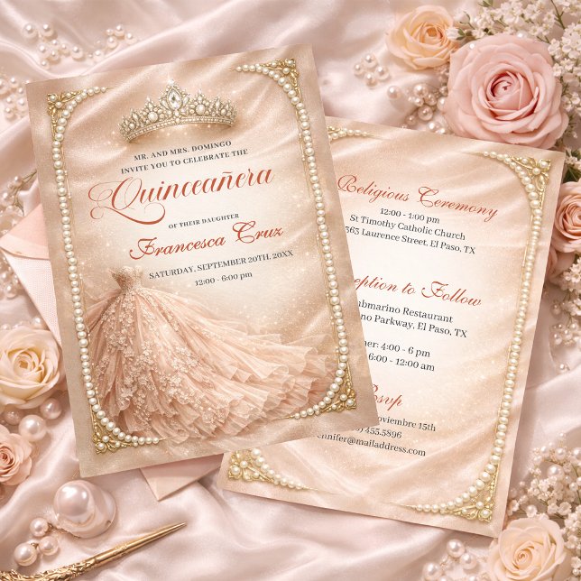 Invitation Blush & Pearl Royal Tiara quinceanera  (Créateur téléchargé)
