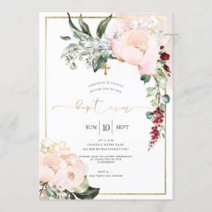 Invitation Blush Peonies Aquarelle Fleurs Baptême